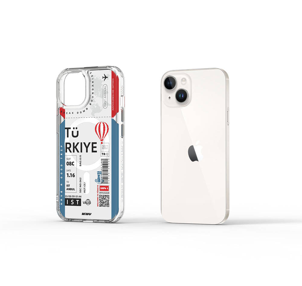 iPhone 15 Kılıf Magsafe Şarj Özellikli Bilet Desenli Wiwu Turkey B Serisi Kılıf Mavi