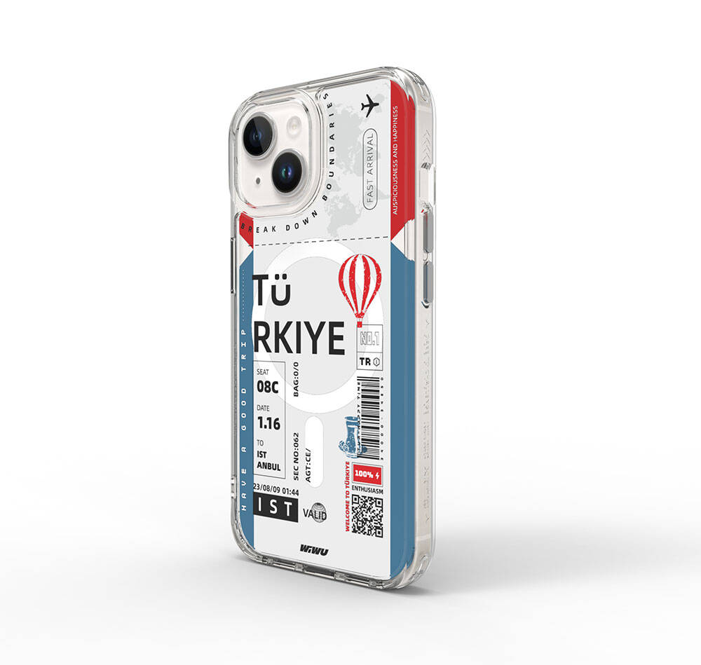 iPhone 15 Kılıf Magsafe Şarj Özellikli Bilet Desenli Wiwu Turkey B Serisi Kılıf Mavi