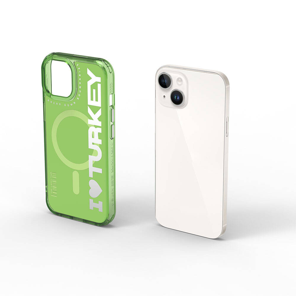 iPhone 15 Kılıf Magsafe Şarj Özellikli I Love Turkey Yazı Desenli Wiwu Turkey E Serisi Kılıf Yeşil