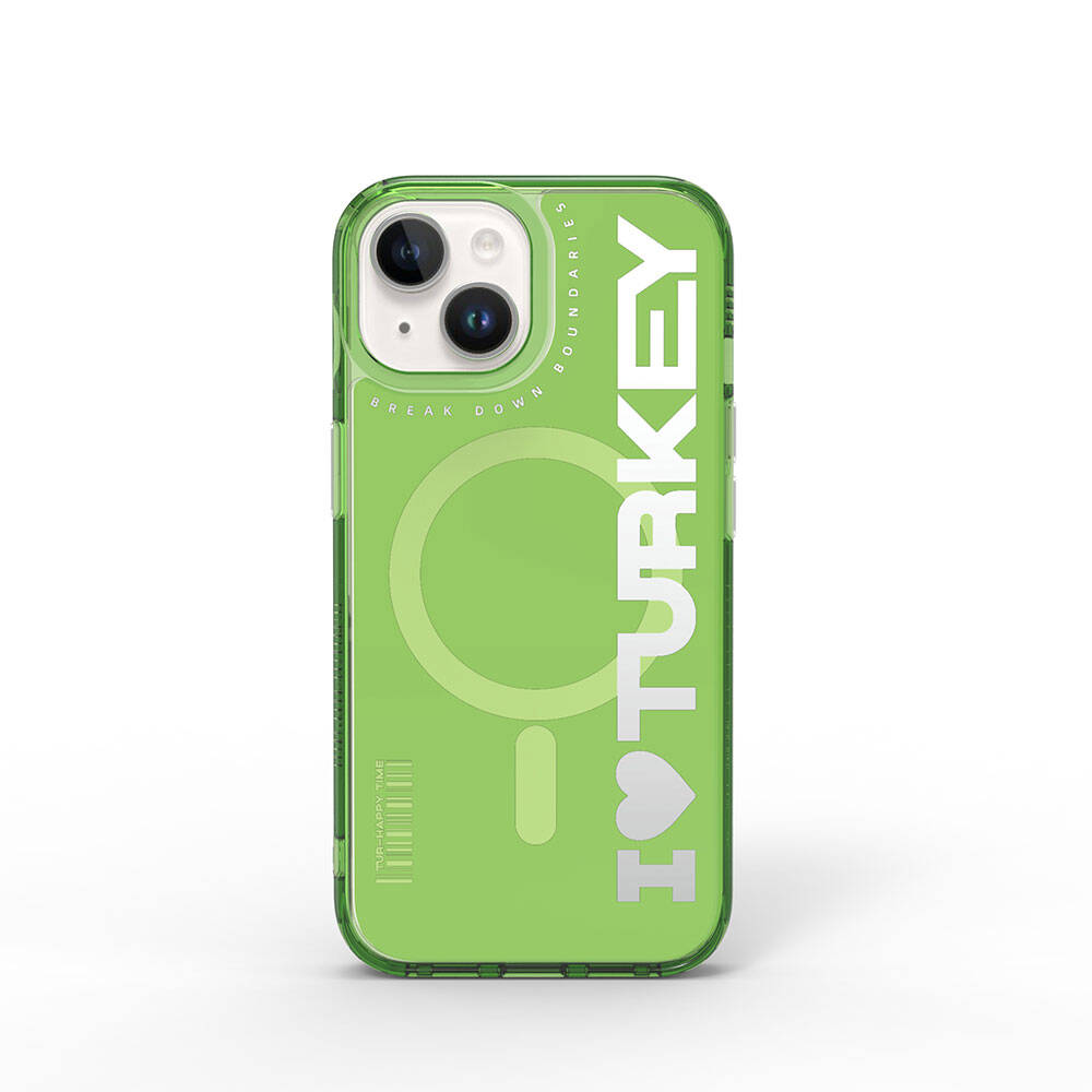 iPhone 15 Kılıf Magsafe Şarj Özellikli I Love Turkey Yazı Desenli Wiwu Turkey E Serisi Kılıf Turuncu