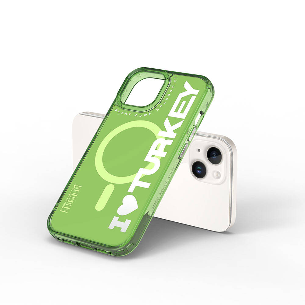 iPhone 15 Kılıf Magsafe Şarj Özellikli I Love Turkey Yazı Desenli Wiwu Turkey E Serisi Kılıf Turuncu