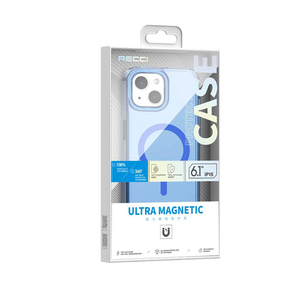 iPhone 15 Kılıf Magsafe Şarj Özellikli Saydam Arka Yüzey Recci Crystal Color Serisi Kılıf Mavi