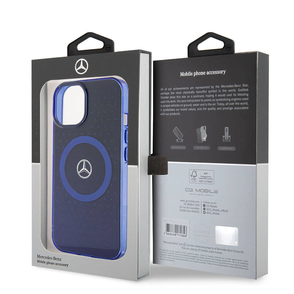 iPhone 15 Kılıf Mercedes Benz Orjinal Lisanslı Magsafe Şarj Özellikli Çift Katmanlı Mavi Yıldız Desenli Kılıf Mavi