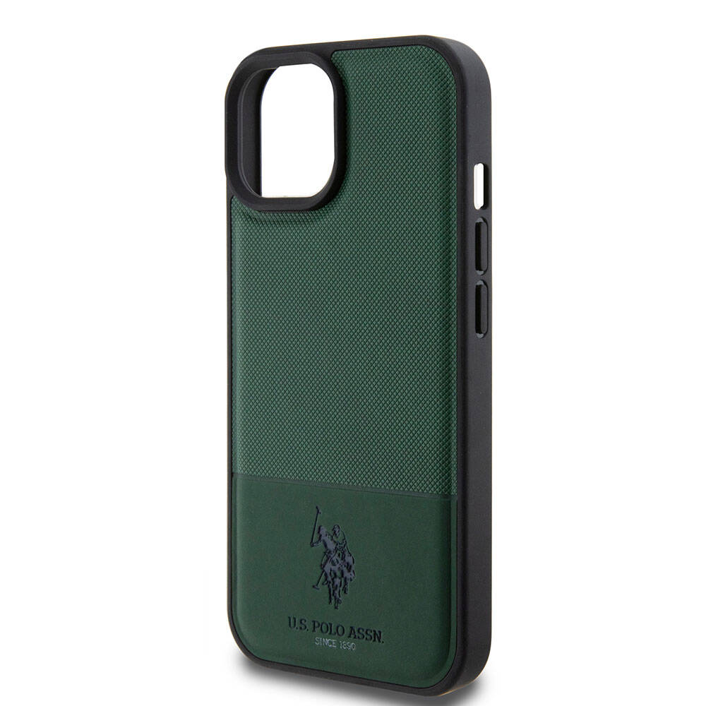 iPhone 15 Kılıf U.S. Polo Assn. Orjinal Lisanslı Suni Deri Arka Yüzey Baskı Logolu Örgü Desenli Kılıf Lacivert