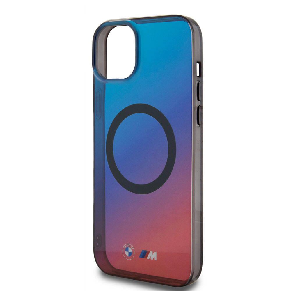 iPhone 15 Plus Kılıf BMW Magsafe Şarj Özellikli Transparan Renk Geçişli Dizayn Orjinal Lisanslı Kılıf Mavi-Kırmızı