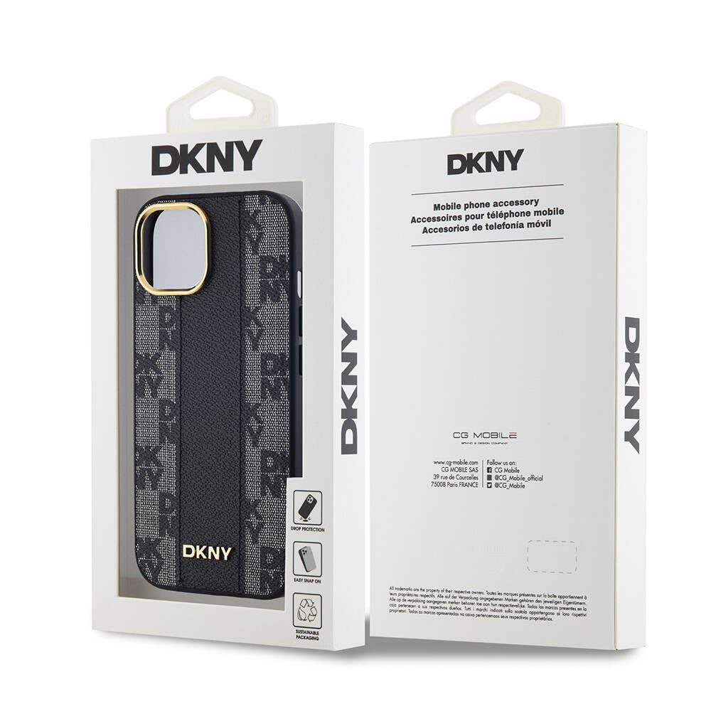 iPhone 15 Plus Kılıf DKNY Orjinal Lisanslı Magsafe Şarj Özellikli 3D Yazılı Checkered Pattern Kılıf Siyah