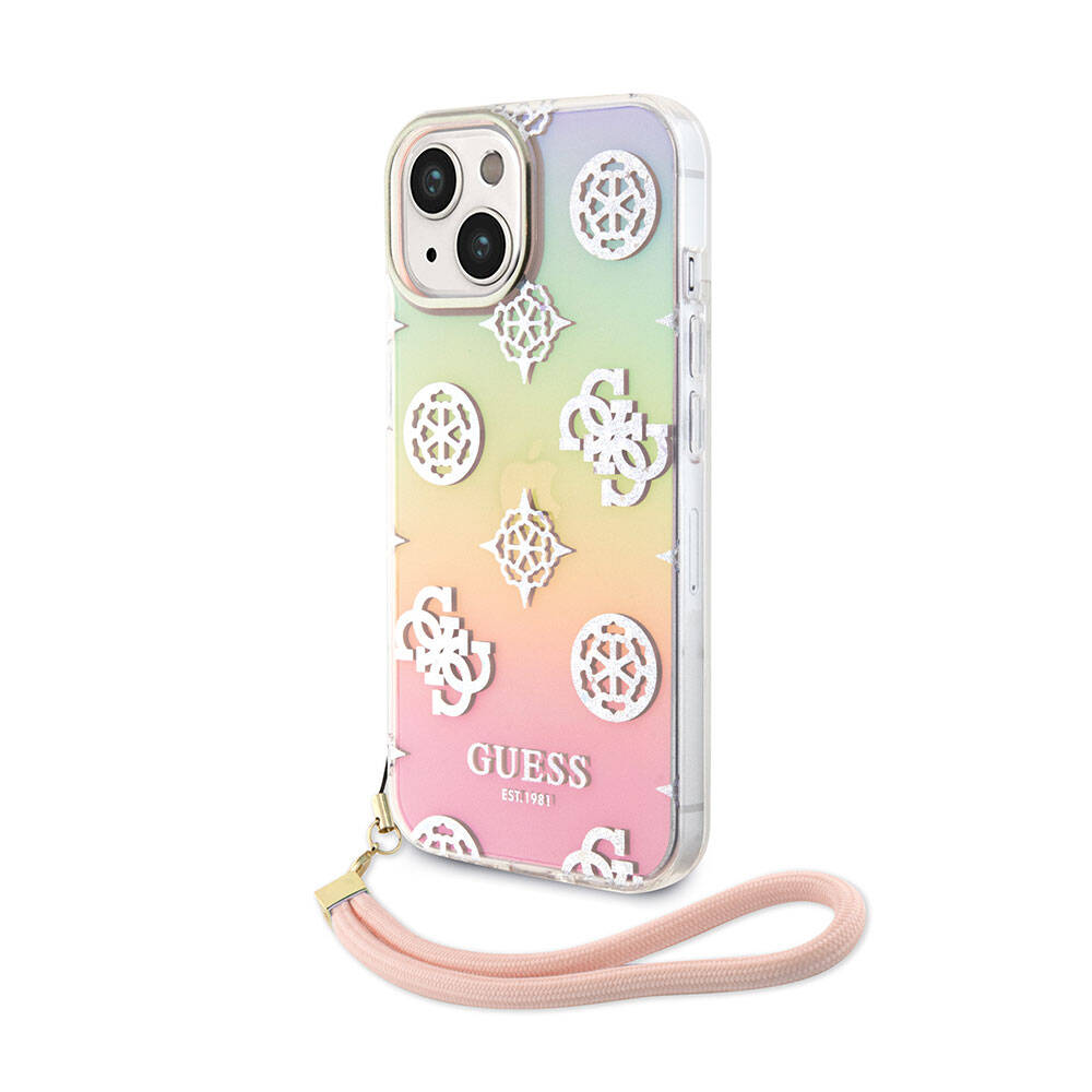 Apple iPhone 15 Plus Kılıf Guess Orjinal Lisanslı Desenli Yazı Logolu Askı İpli Holografik Glitter Peony Kapak