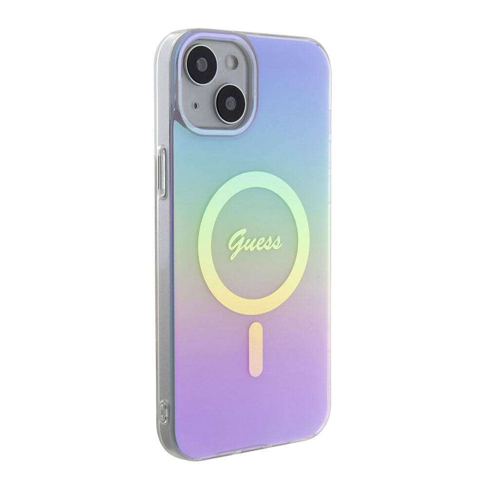 Apple iPhone 15 Plus Kılıf Guess Orjinal Lisanslı M-safe Şarj Özellikli Yazı Logolu Iridescent Kapak