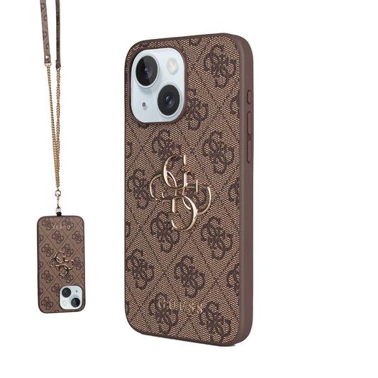 Apple iPhone 15 Plus Kılıf Guess Orjinal Lisanslı PU Deri 4G Büyük Metal Logolu Çapraz Vücut Askılı Kapak Kahverengi