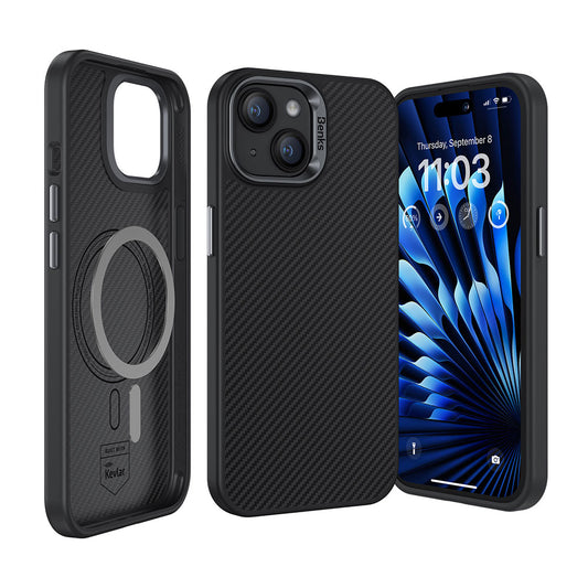 iPhone 15 Plus Kılıf Karbon Fiber Magsafe Şarj Özellikli Benks Hybrid ArmorPro 600D Kevlar Kılıf Siyah
