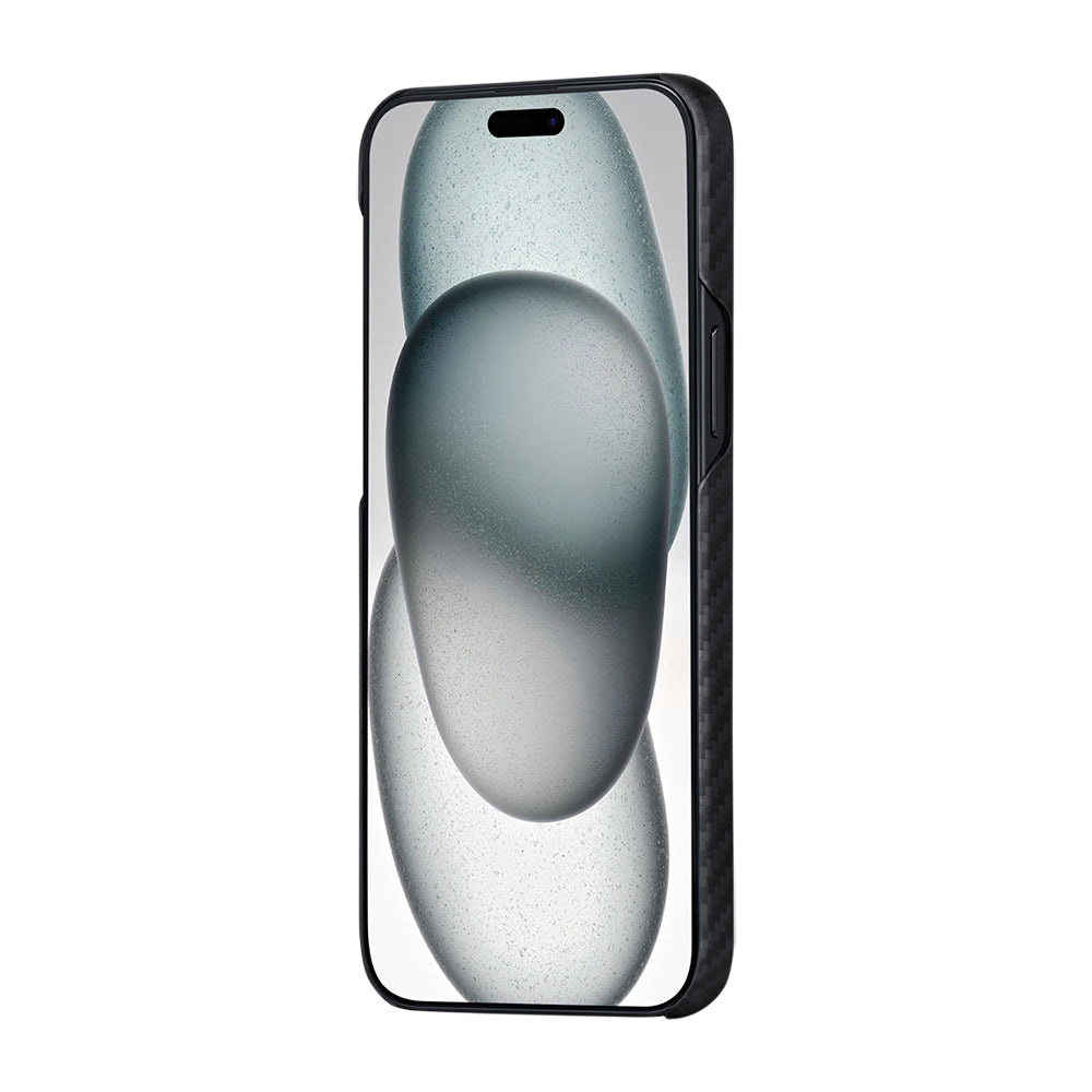 iPhone 15 Plus Kılıf Magsafe Şarj Özellikli 1500D Aramid Fiber Pitaka Ultra-Slim Classic Serisi Black-Grey Twill Kılıf Siyah-Gri