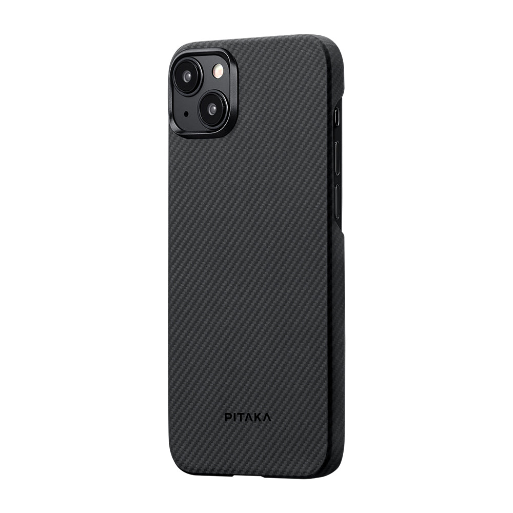 iPhone 15 Plus Kılıf Magsafe Şarj Özellikli 600D Aramid Fiber Pitaka Ultra-Slim Classic Serisi Black-Grey Twill Kılıf Siyah-Gri