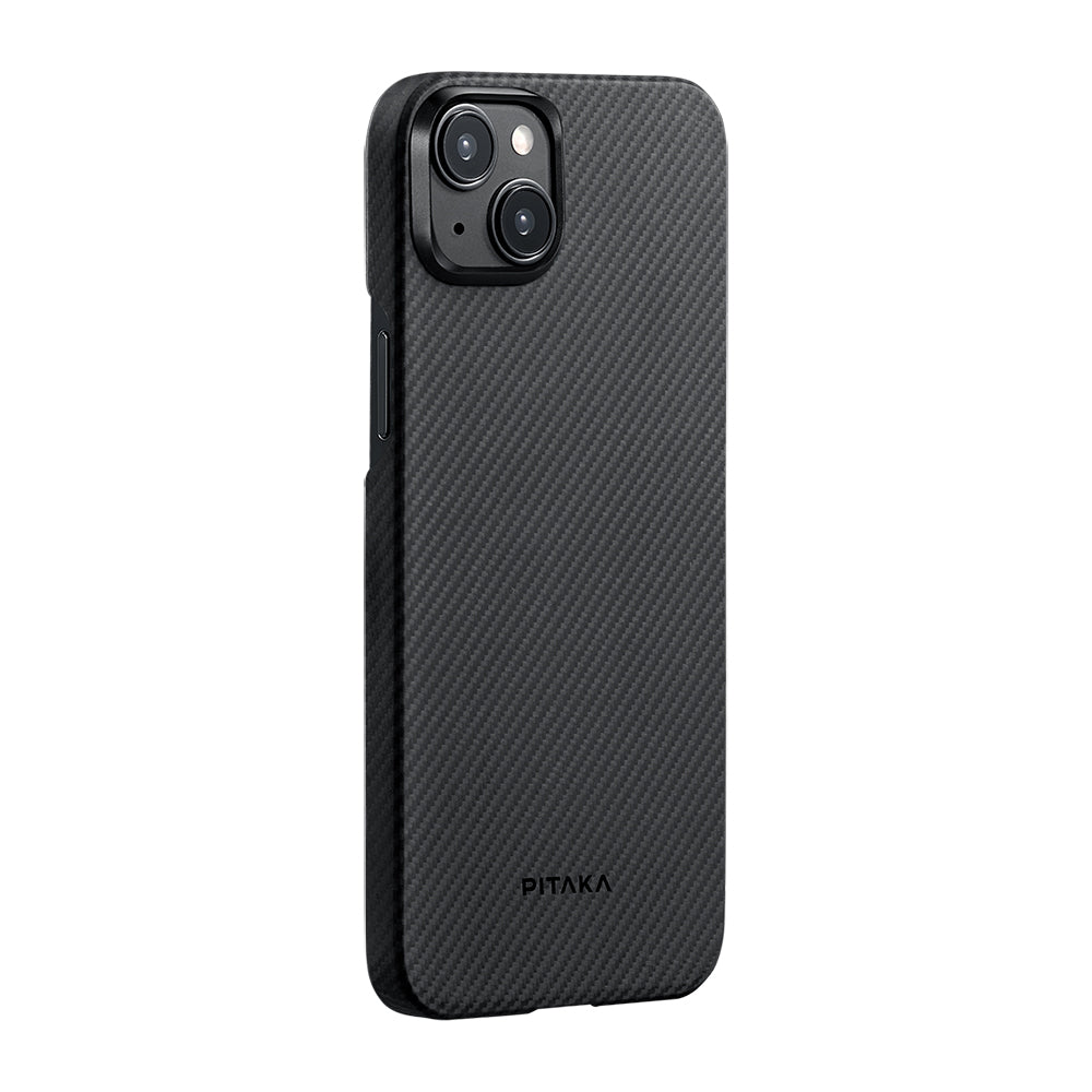 iPhone 15 Plus Kılıf Magsafe Şarj Özellikli 600D Aramid Fiber Pitaka Ultra-Slim Classic Serisi Black-Grey Twill Kılıf Siyah-Gri