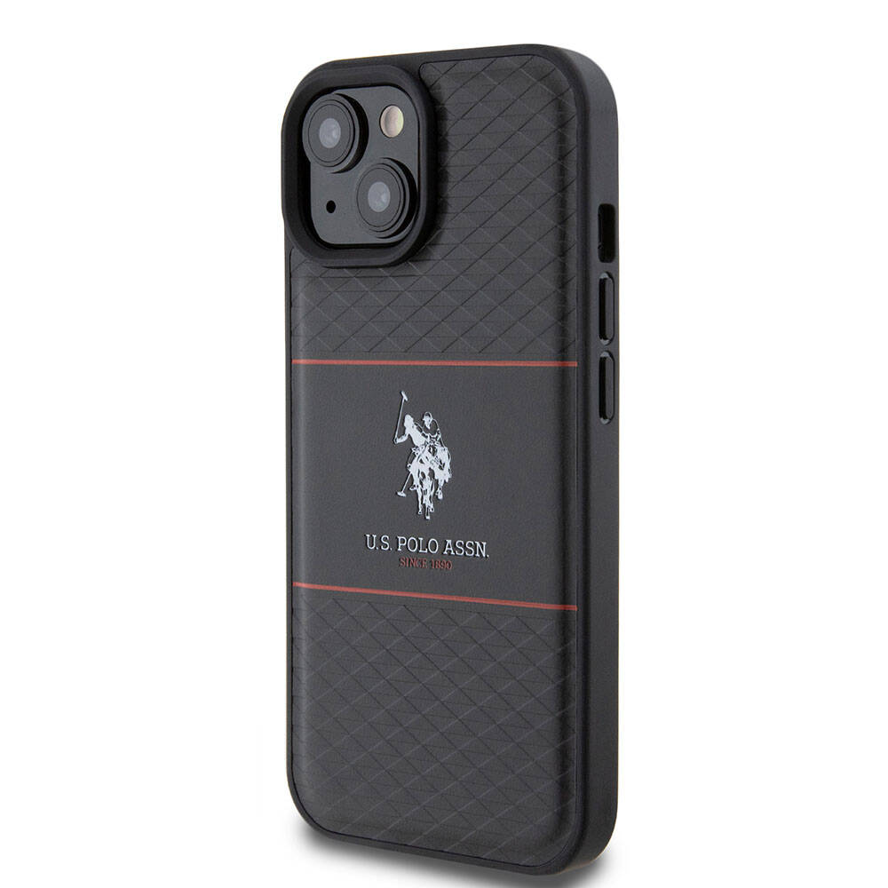 iPhone 15 Plus Kılıf U.S. Polo Assn. Orjinal Lisanslı Deri Şeritli Logo Dizayn Kılıf Siyah