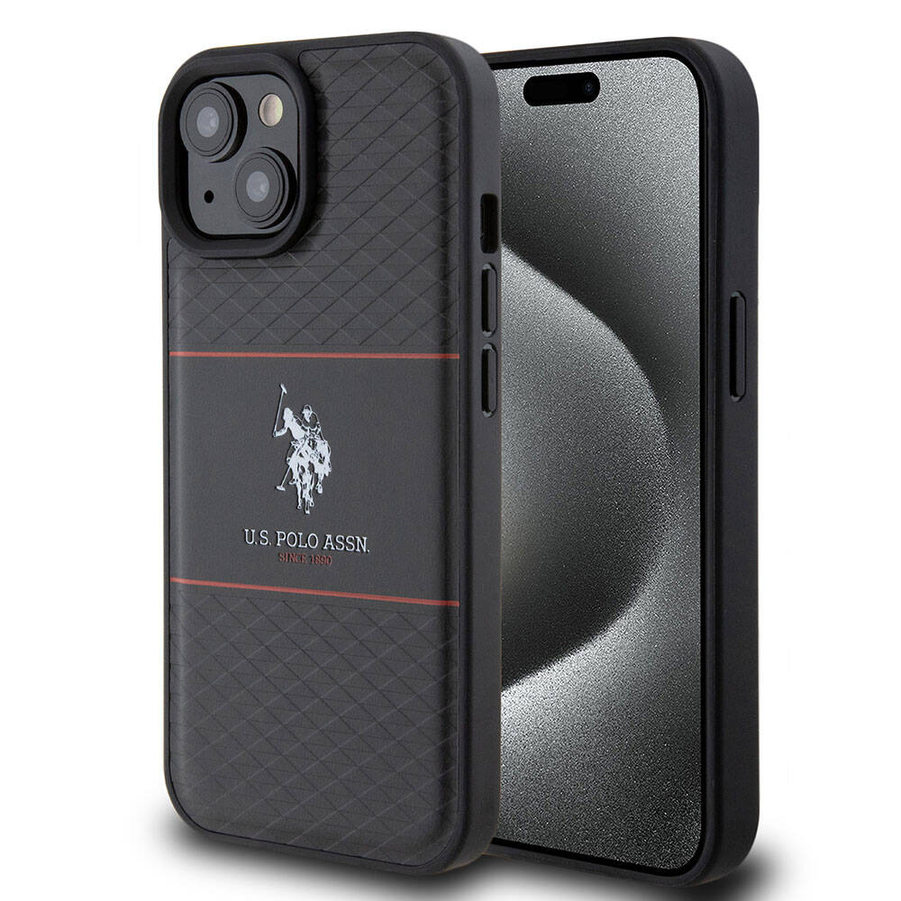 iPhone 15 Plus Kılıf U.S. Polo Assn. Orjinal Lisanslı Deri Şeritli Logo Dizayn Kılıf Siyah