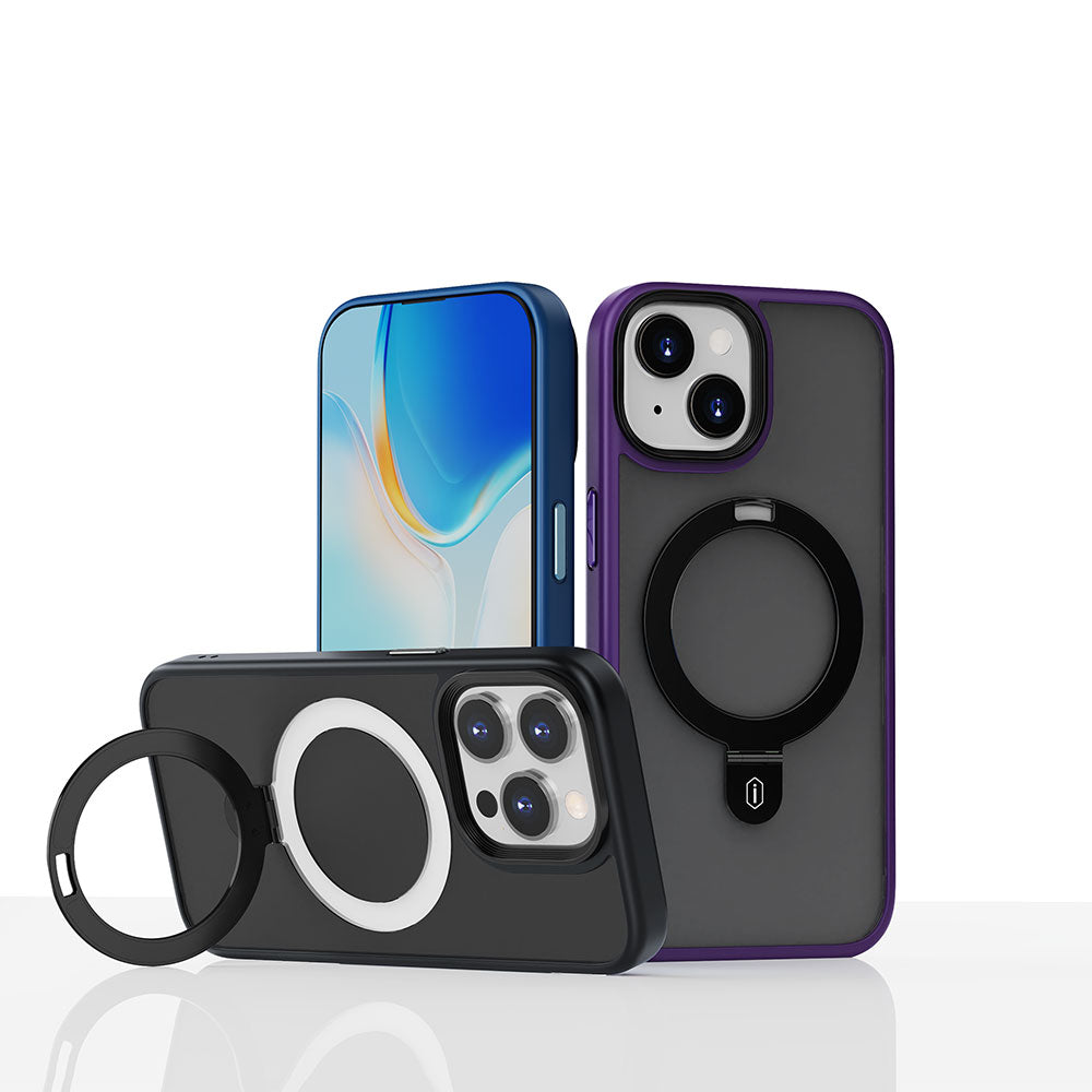 iPhone 15 Plus Kılıf Wiwu ZMM-010 Magsafe Şarj Özellikli Mat Arka Yüzey Standlı Kılıf Mor