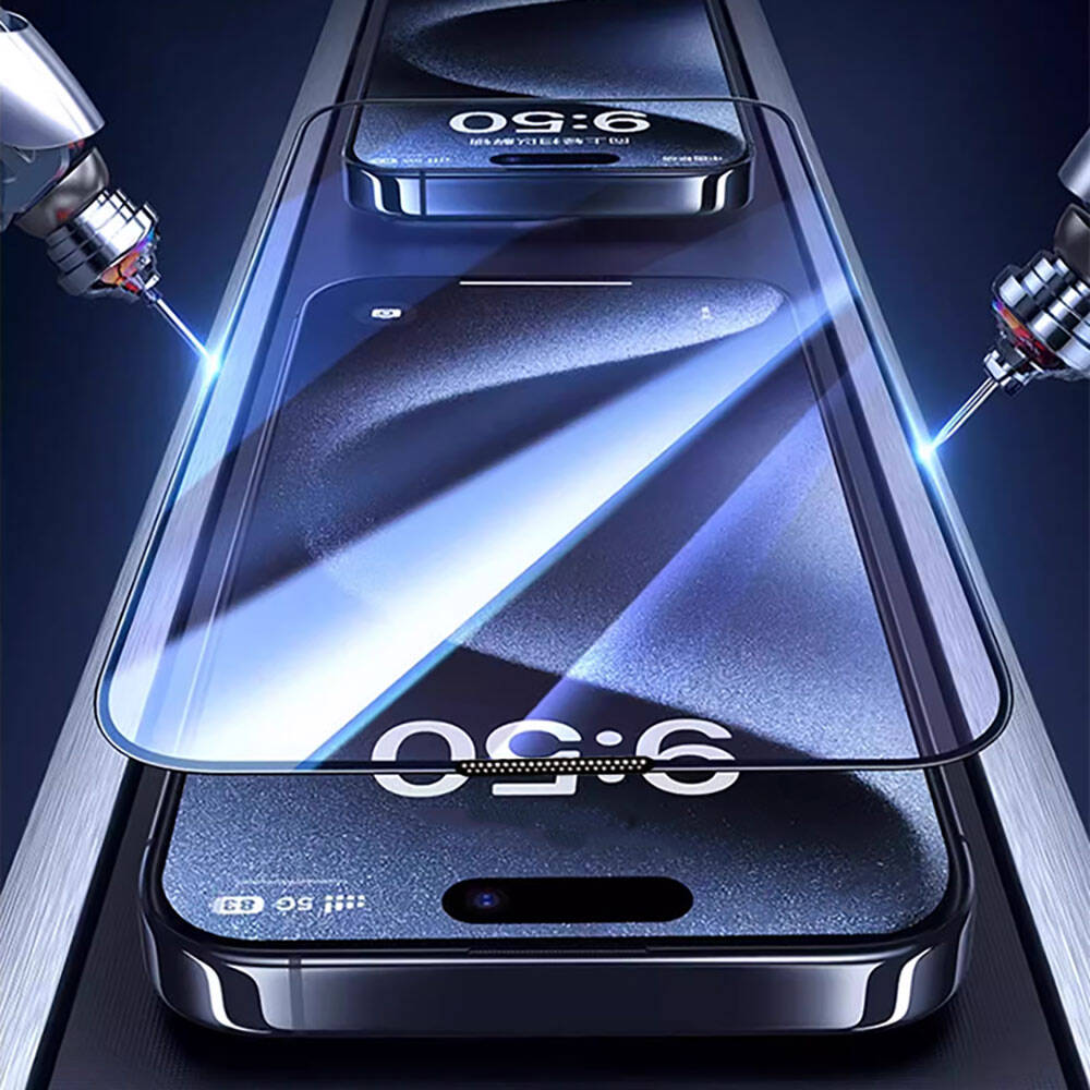 iPhone 15 Plus Wiwu GT-008 Polimer Oleofobik Kaplama Şeffaf Pürüzsüz Temperli Cam Ekran Koruyucu 10'lu Paket Siyah