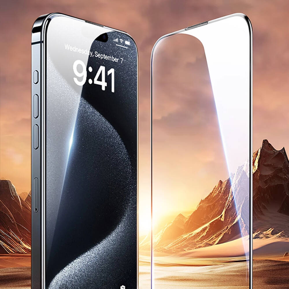 iPhone 15 Plus Wiwu GT-009 Polimer Oleofobik Kaplama Şeffaf Pürüzsüz Temperli Cam Ekran Koruyucu Siyah