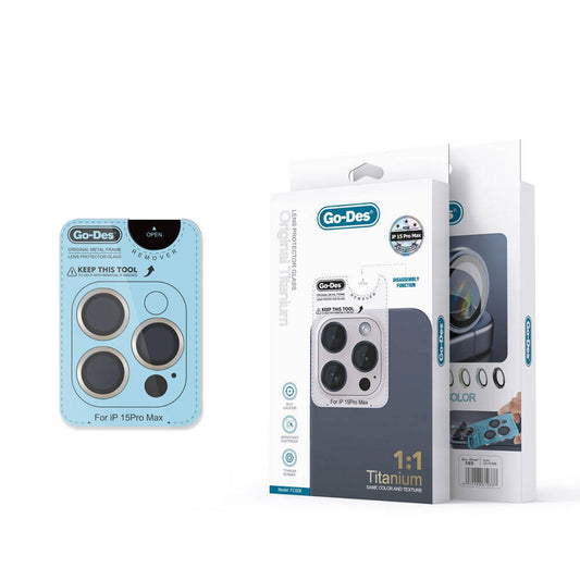 iPhone 15 Pro Go Des Titanium Premium Temperli Kamera Lens Koruyucu Gümüş