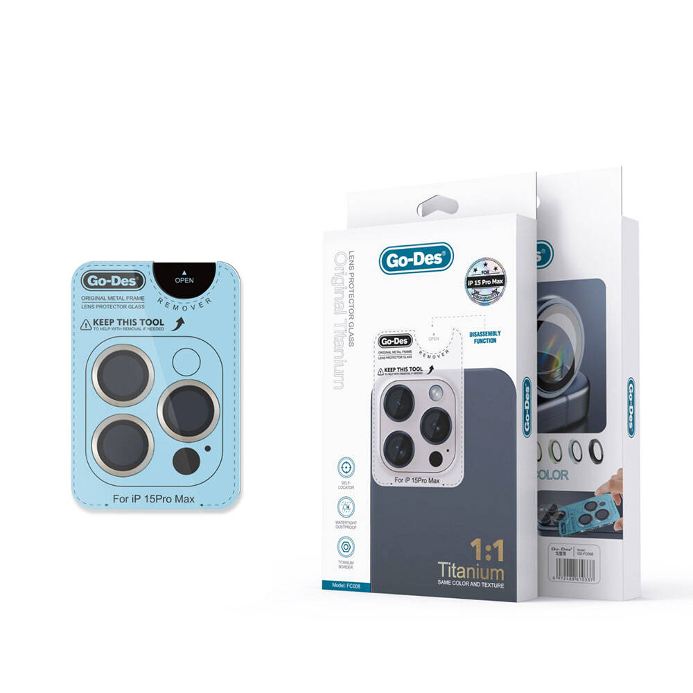 iPhone 15 Pro Go Des Titanium Premium Temperli Kamera Lens Koruyucu Titanyum