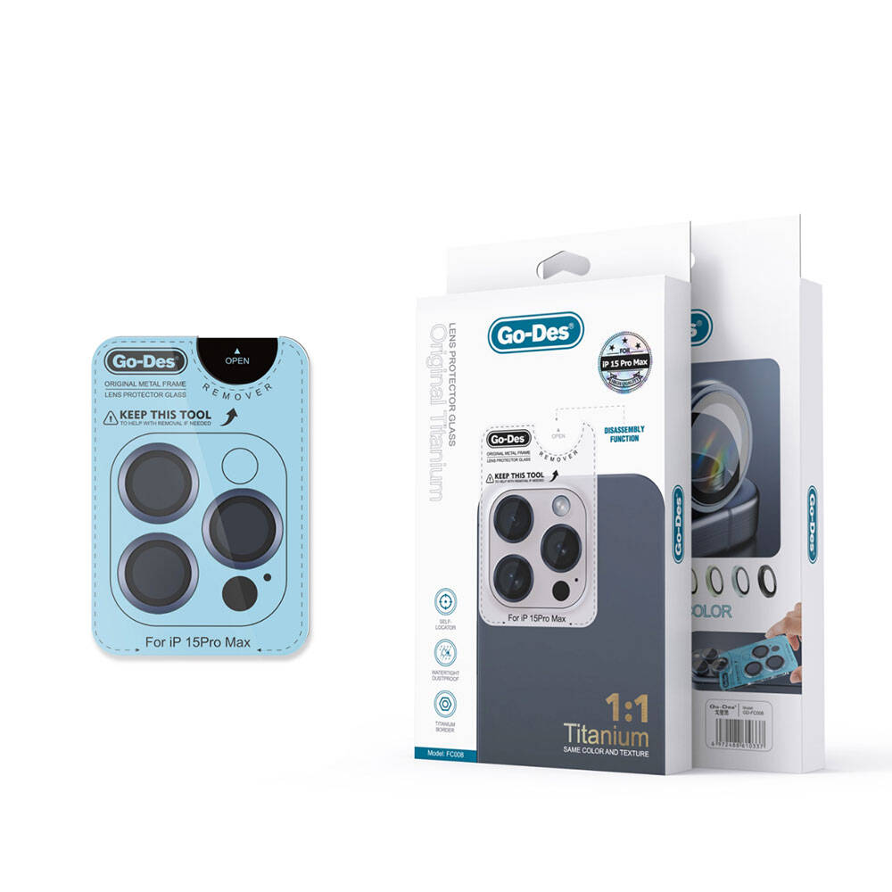 iPhone 15 Pro Go Des Titanium Premium Temperli Kamera Lens Koruyucu Midnight