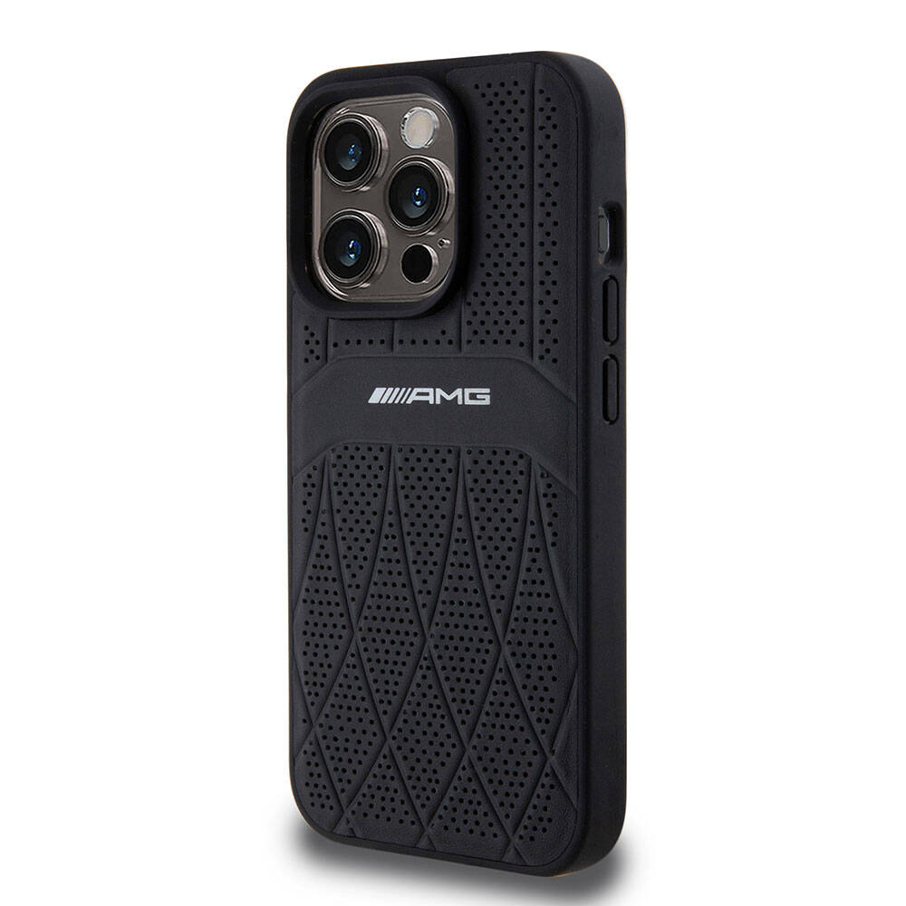 iPhone 15 Pro Kılıf AMG Orjinal Lisanslı Magsafe Şarj Özellikli Delikli Deri Kıvrımlı Çizgili Kılıf Siyah