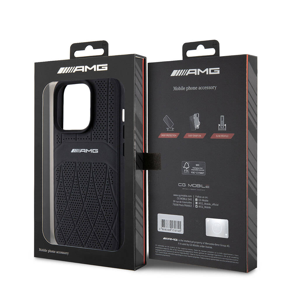 iPhone 15 Pro Kılıf AMG Orjinal Lisanslı Magsafe Şarj Özellikli Delikli Deri Kıvrımlı Çizgili Kılıf Siyah