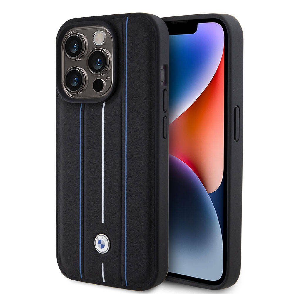 iPhone 15 Pro Kılıf BMW Deri Görünümlü Blue Lines Orjinal Lisanslı Kılıf Siyah