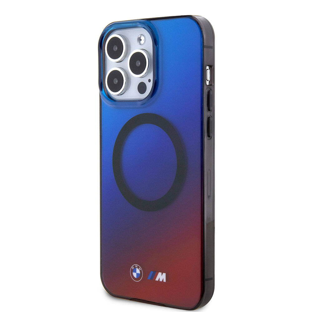 iPhone 15 Pro Kılıf BMW Magsafe Şarj Özellikli Transparan Renk Geçişli Dizayn Orjinal Lisanslı Kılıf Mavi-Kırmızı