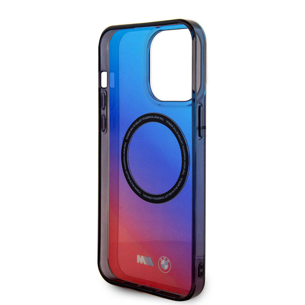 iPhone 15 Pro Kılıf BMW Magsafe Şarj Özellikli Transparan Renk Geçişli Dizayn Orjinal Lisanslı Kılıf Mavi-Kırmızı