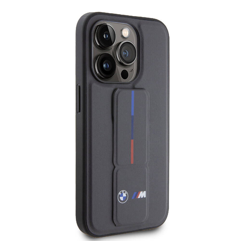 iPhone 15 Pro Kılıf BMW Orjinal Lisanslı M Şerit ve Logolu Standlı Kılıf Gri