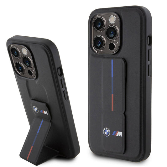 iPhone 15 Pro Kılıf BMW Orjinal Lisanslı M Şerit ve Logolu Standlı Kılıf Siyah
