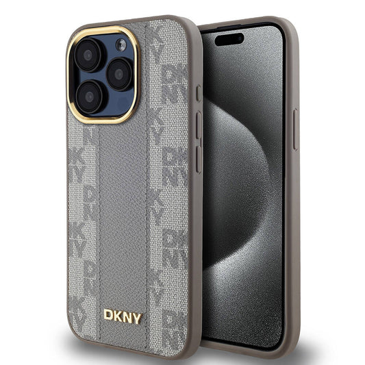 iPhone 15 Pro Kılıf DKNY Orjinal Lisanslı Magsafe Şarj Özellikli 3D Yazılı Checkered Pattern Kılıf Krem