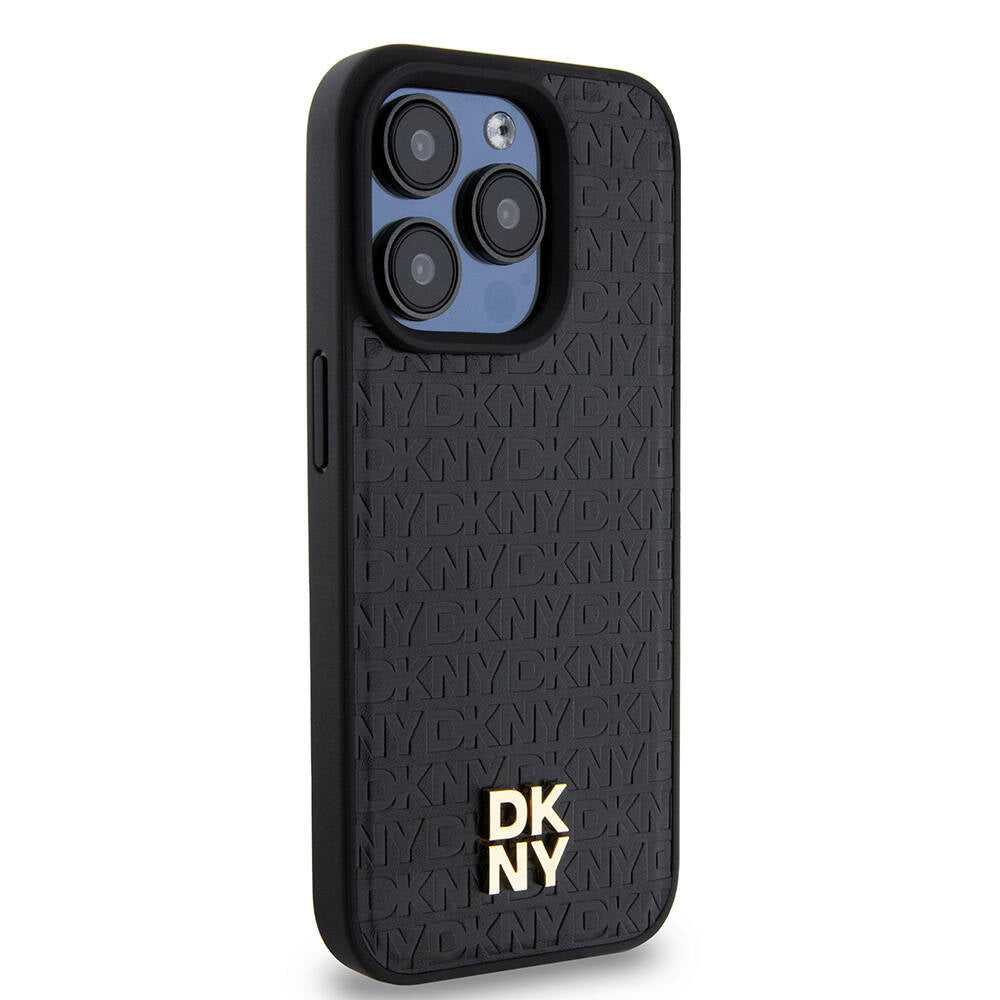iPhone 15 Pro Kılıf DKNY Orjinal Lisanslı Magsafe Şarj Özellikli 3D Yazılı Repeat Pattern Kılıf Siyah
