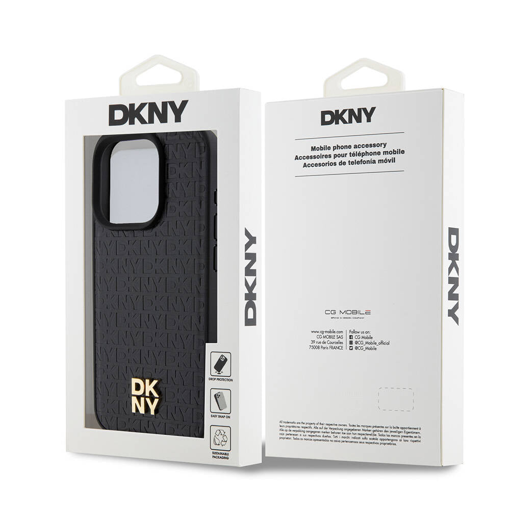 iPhone 15 Pro Kılıf DKNY Orjinal Lisanslı Magsafe Şarj Özellikli 3D Yazılı Repeat Pattern Kılıf Siyah