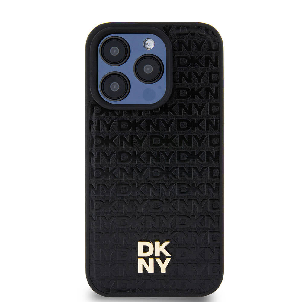 iPhone 15 Pro Kılıf DKNY Orjinal Lisanslı Magsafe Şarj Özellikli 3D Yazılı Repeat Pattern Kılıf Siyah