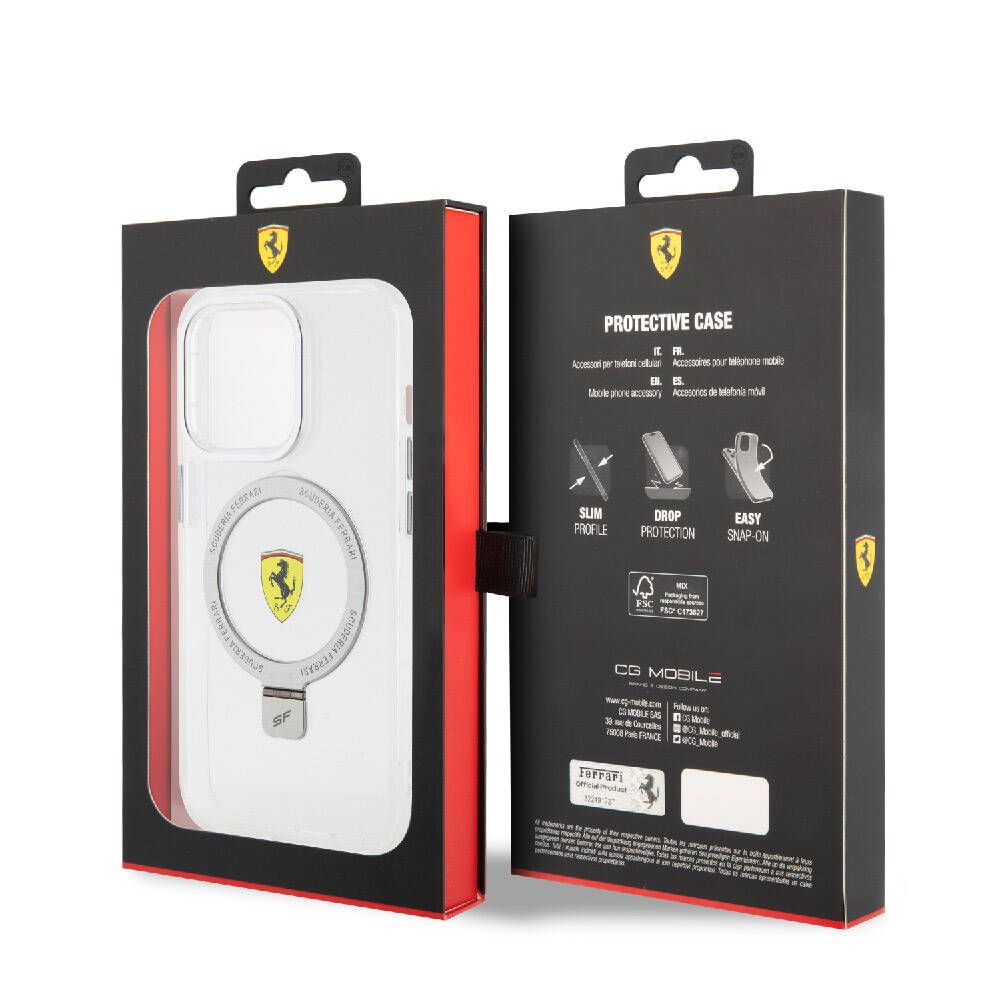 iPhone 15 Pro Kılıf Ferrari Magsafe Şarj Özellikli Standlı Buzlu Yüzey Dizayn Kılıf Gümüş