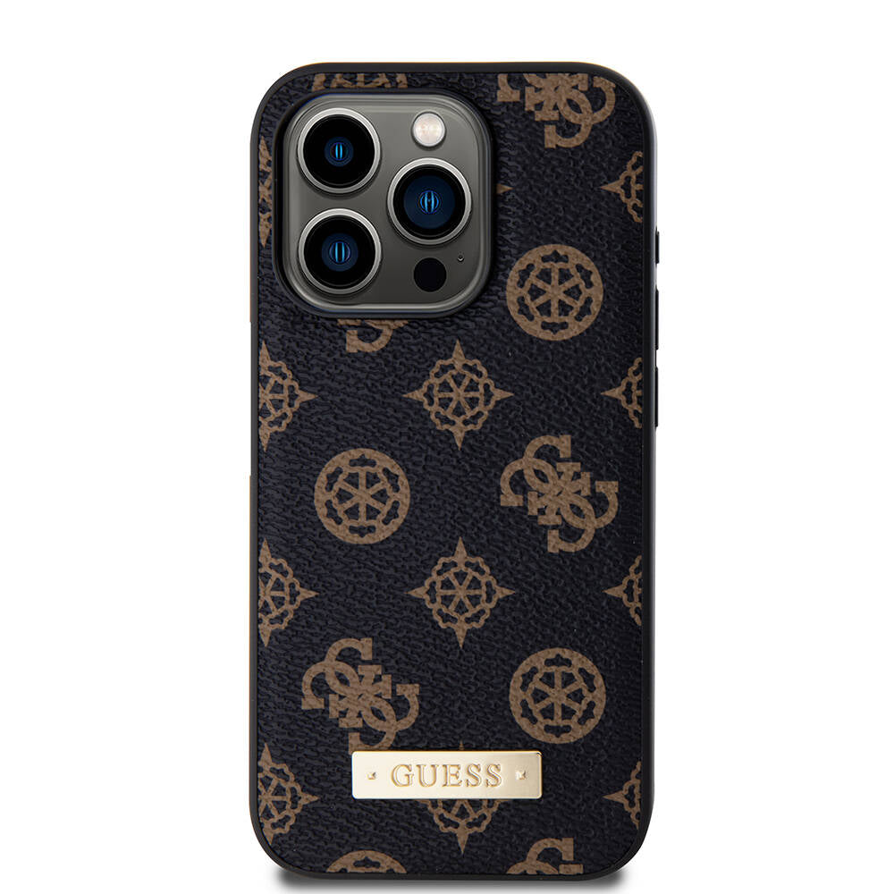 Apple iPhone 15 Pro Kılıf Guess M-safe Şarj Özellikli PU Deri Desenli Metal Plaka Logolu Kapak