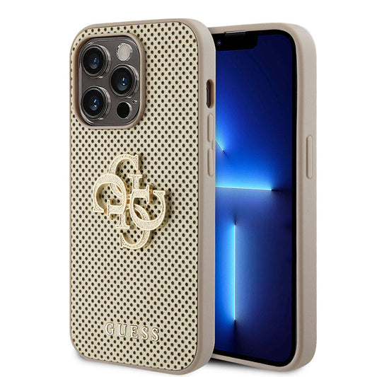 Apple iPhone 15 Pro Kılıf Guess Orjinal Lisanslı Delikli Yazı ve 4G Glitter Büyük Metal Logolu Kapak