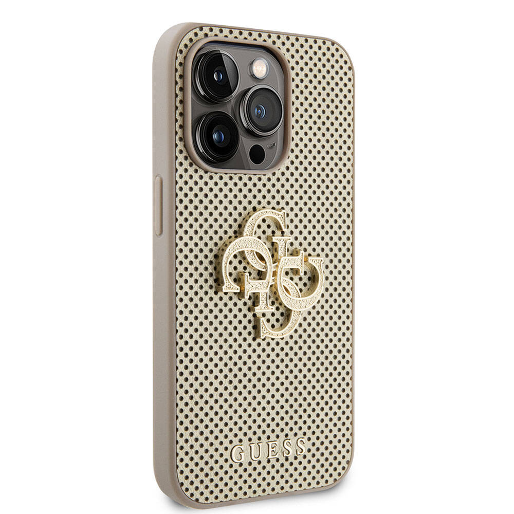 Apple iPhone 15 Pro Kılıf Guess Orjinal Lisanslı Delikli Yazı ve 4G Glitter Büyük Metal Logolu Kapak