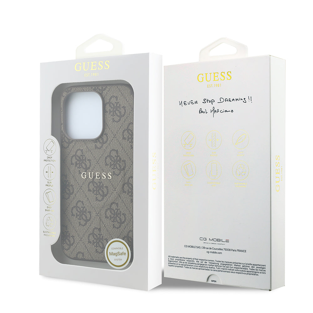 Apple iPhone 15 Pro Kılıf Guess Orjinal Lisanslı M-safe Kabartmalı 4G Desenli Yazı Logolu Kapak