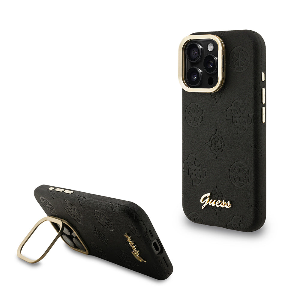 Apple iPhone 15 Pro Kılıf Guess Orjinal Lisanslı M-safe Şarj Özellikli Sıcak Baskılı Yazı Logolu Kamera Standlı PU Deri Peony Kapak