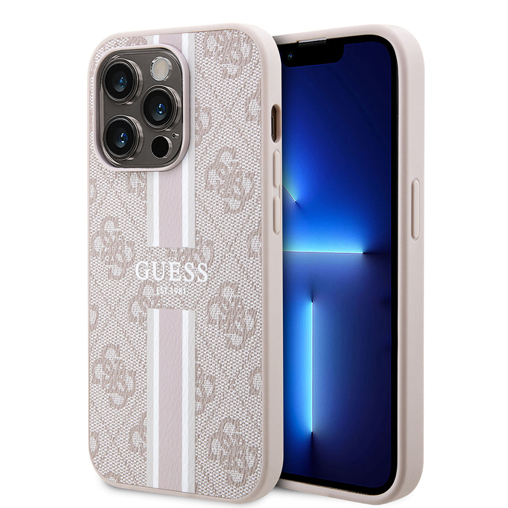 Apple iPhone 15 Pro Kılıf Guess Orjinal Lisanslı M-safe Şarj Özellikli 4G Şerit Tasarımlı Printed Kapak
