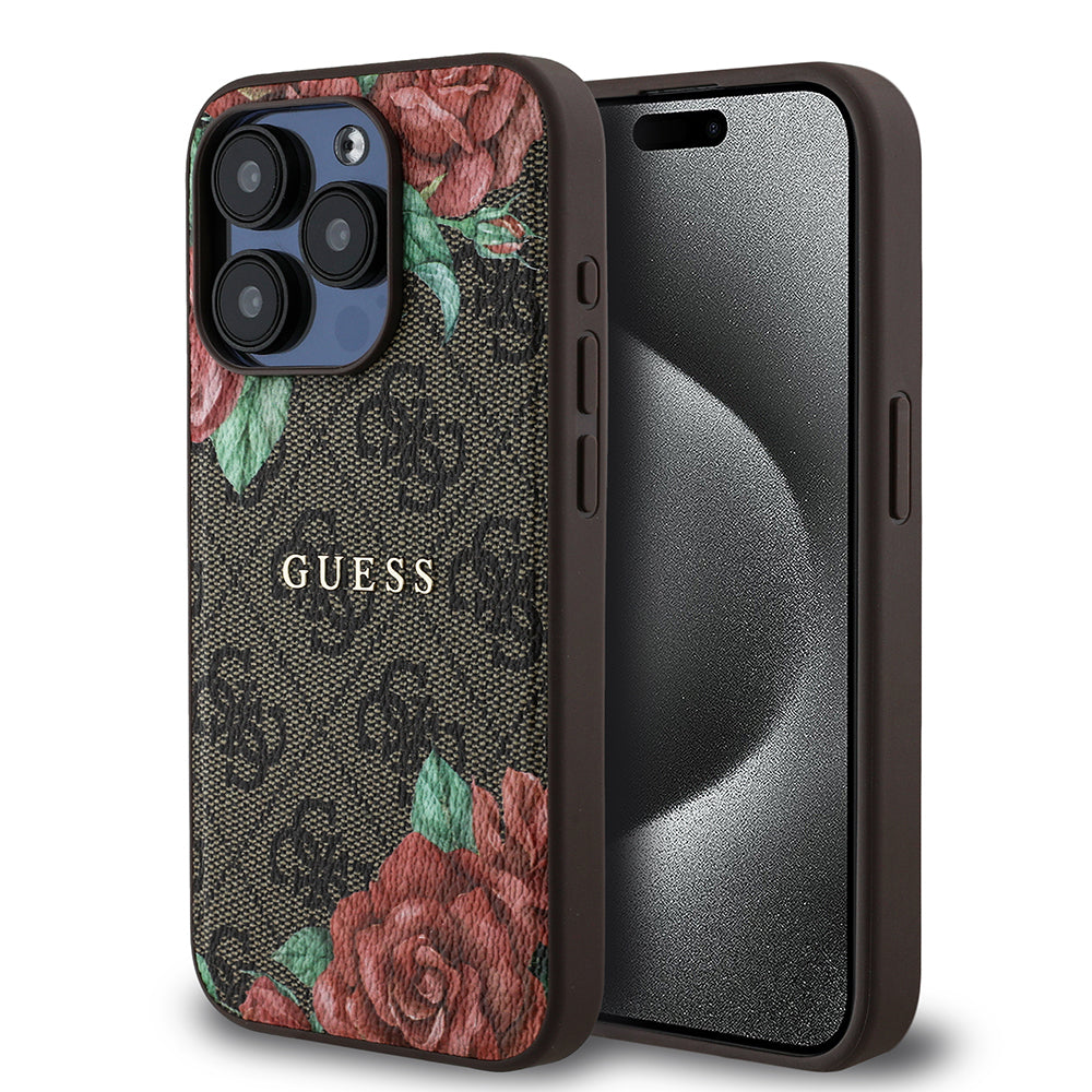 Apple iPhone 15 Pro Kılıf Guess Orjinal Lisanslı M-safe Şarj Özellikli Gül Baskılı 4G Desenli Yazı Logolu Kapak