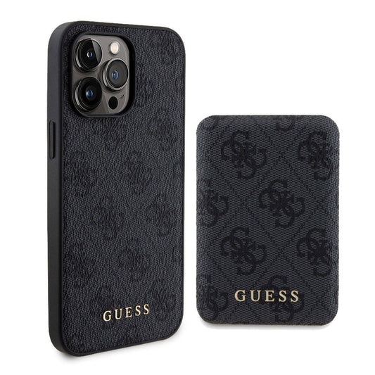 Apple iPhone 15 Pro Kılıf Guess Orjinal Lisanslı M-safe Şarj Özellikli Yazı Logolu 4G Desenli Kapak + Powerbank 5000mAh 2in1 Set
