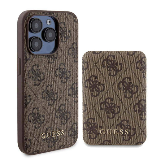 Apple iPhone 15 Pro Kılıf Guess Orjinal Lisanslı M-safe Şarj Özellikli Yazı Logolu 4G Desenli Kapak + Powerbank 5000mAh 2in1 Set