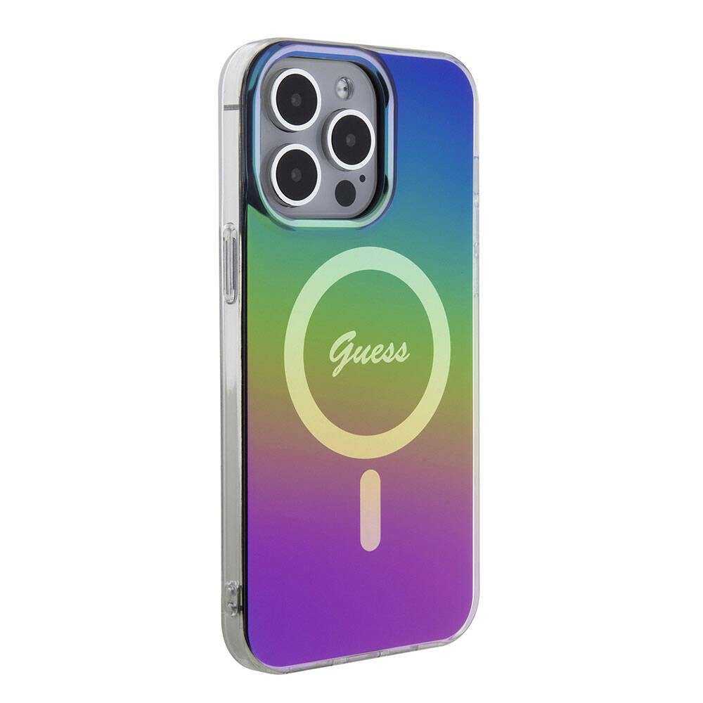 Apple iPhone 15 Pro Kılıf Guess Orjinal Lisanslı M-safe Şarj Özellikli Yazı Logolu Iridescent Kapak