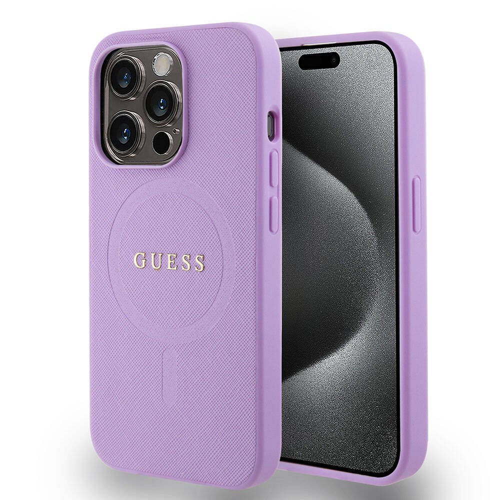 Apple iPhone 15 Pro Kılıf Guess Orjinal Lisanslı M-safe Şarj Özellikli Yazı Logolu Saffiano Kapak