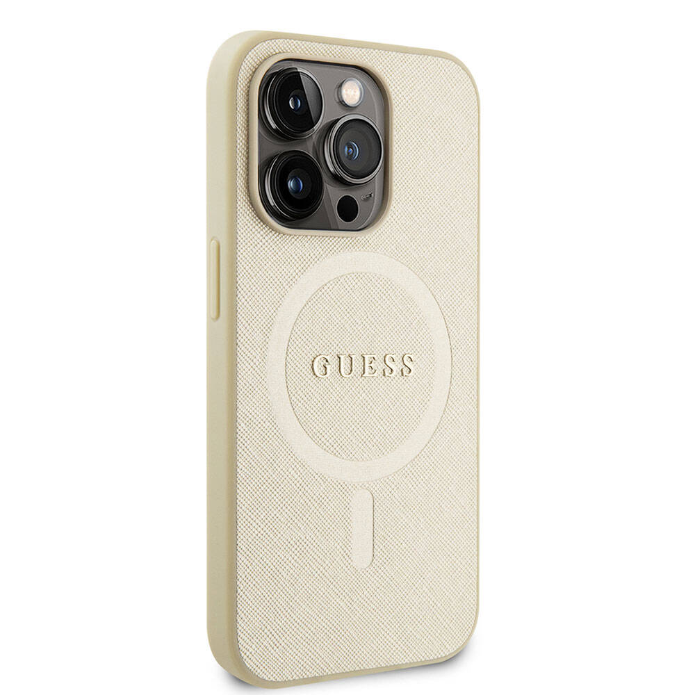 Apple iPhone 15 Pro Kılıf Guess Orjinal Lisanslı M-safe Şarj Özellikli Yazı Logolu Saffiano Kapak