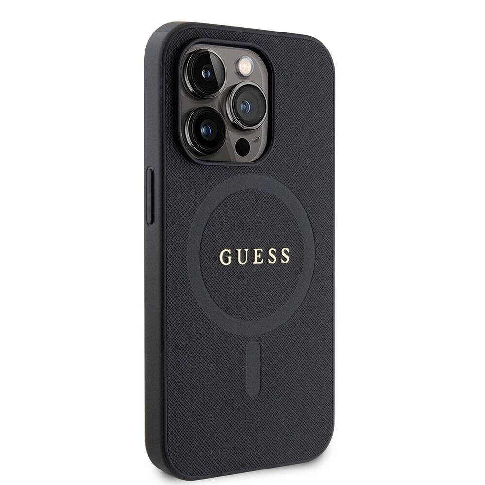 Apple iPhone 15 Pro Kılıf Guess Orjinal Lisanslı M-safe Şarj Özellikli Yazı Logolu Saffiano Kapak